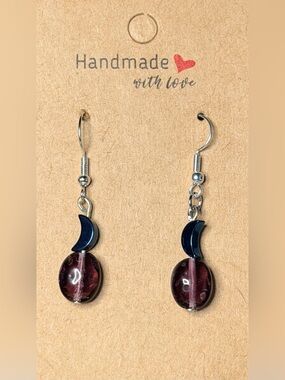✨Handmade✨ Navy Crescent & Burgundy Glass Bead Earrings - Hypoallergenic